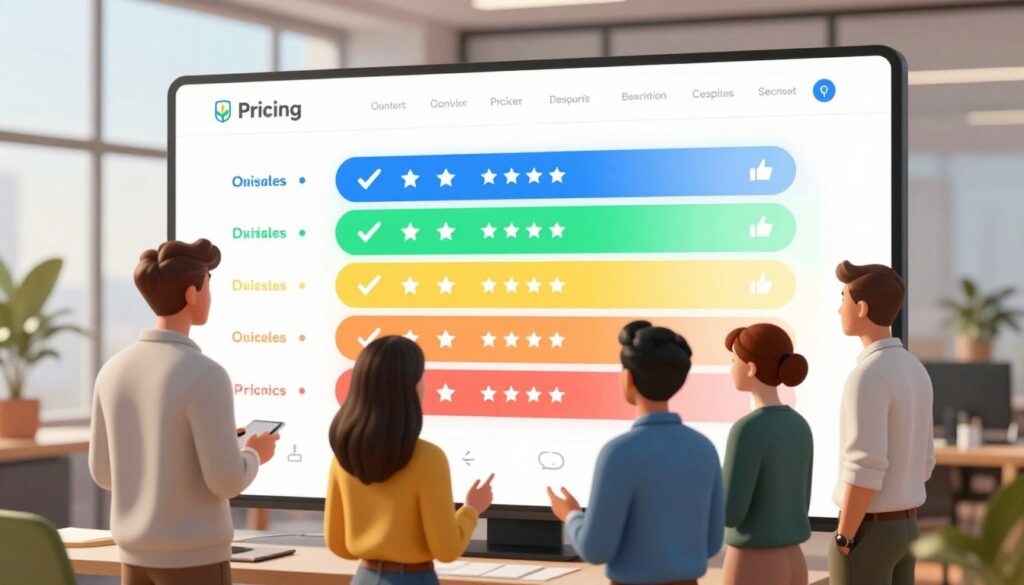 A modern, professional pricing page layout featuring various tiers, prominently showcasing icons representing different features within each tier. In the foreground, a diverse group of three business professionals in smart casual attire, actively discussing the pricing options. The middle ground highlights the pricing tiers with vibrant colors, accompanied by visual elements like checkmarks, stars, and thumbs-up icons symbolizing social proof. The background features a sleek office environment with large windows, allowing natural light to illuminate the scene, creating a warm and inviting atmosphere. The perspective is slightly angled from above, providing a clear view of both the pricing layout and the engaged professionals, emphasizing a sense of collaboration and decision-making.