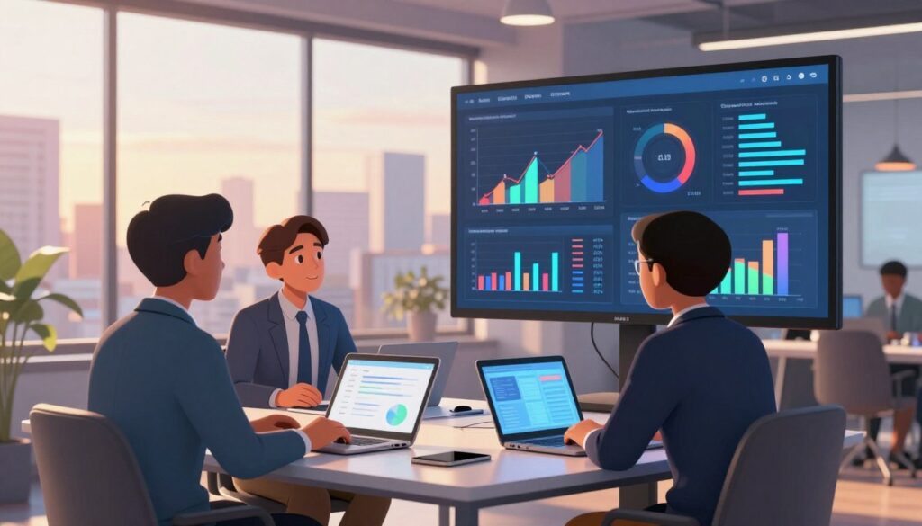 A modern, professional workspace showcasing a digital interface filled with colorful graphs and charts representing behavioral data engagement. In the foreground, a diverse group of three professionals in smart business attire is engaged in discussion around a sleek table adorned with laptops and digital devices. In the middle ground, a large screen displays real-time metrics and data trends, illuminated by soft, ambient lighting to create a focused atmosphere. The background features a glass wall overlooking a cityscape, bathed in the warm glow of late afternoon sun, conveying a sense of innovation and growth. The mood is collaborative, encouraging exploration and iterative improvement in product-market messaging through data insights.