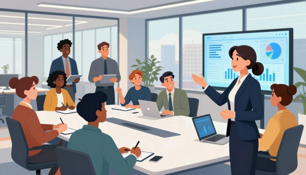 A modern professional workspace, showcasing a diverse group of individuals engaged in meaningful discussions around a large conference table. In the foreground, a confident woman in business attire gestures towards a digital screen displaying analytics and social media engagement metrics, symbolizing authority and expertise. The middle layer features another group of professionals, some taking notes, while others interactively participate, conveying a vibrant and engaging atmosphere. The background shows a sleek office with large windows letting in natural light, highlighting a cityscape view, suggesting ambition and growth. The overall mood is dynamic and inspirational, with a focus on collaboration and thought leadership in the digital age.