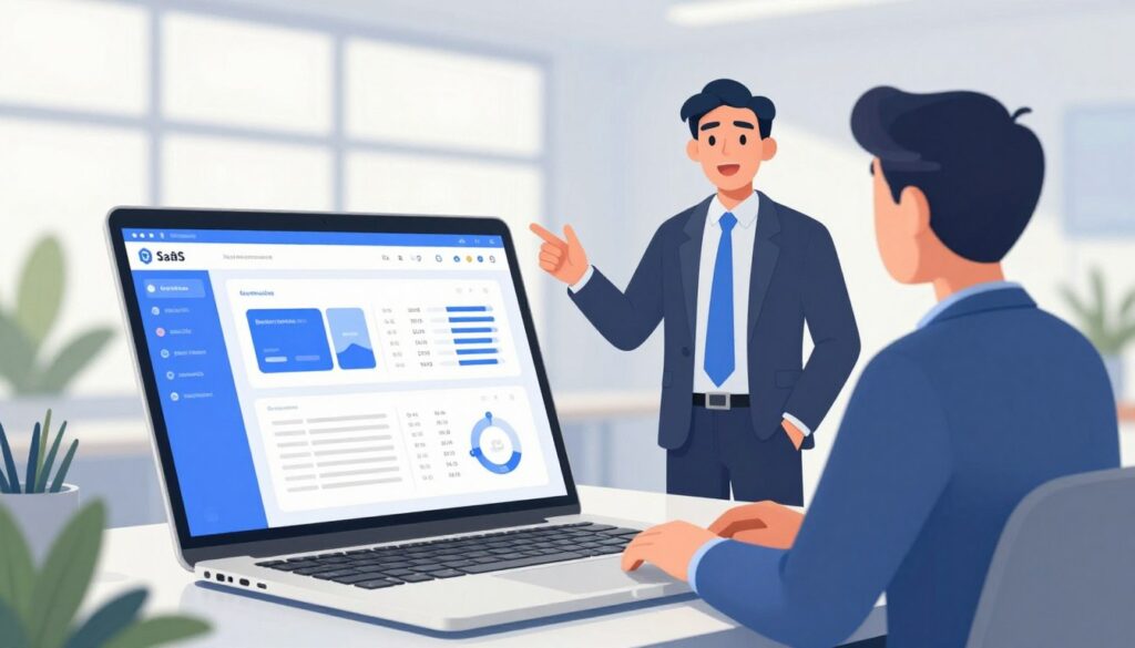 A modern, sleek hero section design for a SaaS website, prominently featuring a blue and white color palette. In the foreground, a stylish laptop displaying a software interface with engaging analytics, surrounded by subtle plant accents for a touch of nature. In the middle ground, a confident professional in business attire gestures toward the screen, showcasing enthusiasm and engagement. The background includes a minimalist, bright office setting with large windows allowing natural light to illuminate the space, creating an inviting atmosphere. The composition emphasizes clarity and directness, aiming to evoke feelings of trust and motivation. Use soft, diffused lighting to enhance the professional ambiance, with a slightly elevated camera angle for a dynamic perspective.