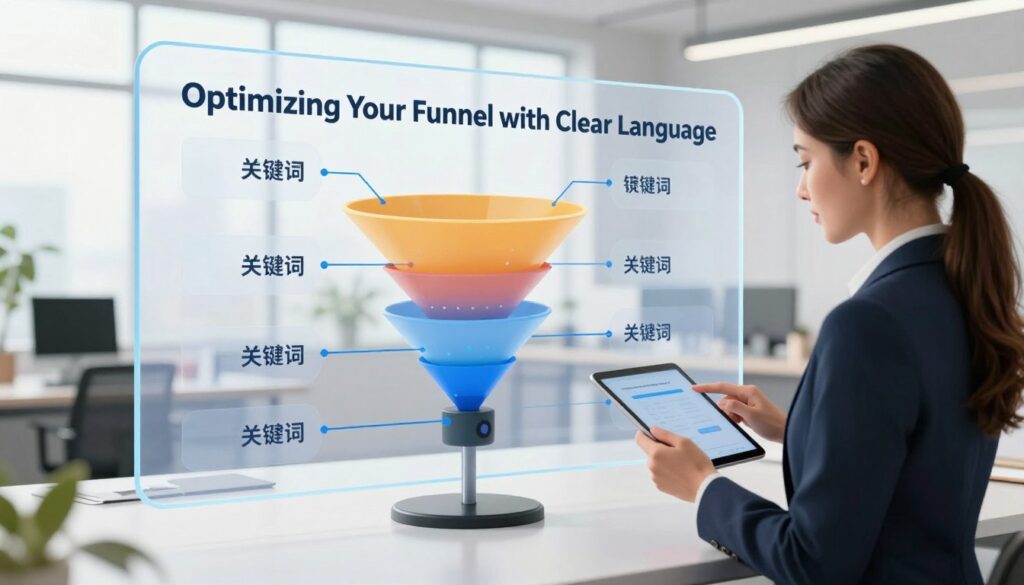 A modern, sleek workspace featuring a visually engaging funnel diagram at the center, illustrating the concept of "Optimizing Your Funnel with Clear Language." In the foreground, a professional businesswoman in smart attire analyzes the funnel, using a tablet. The middle ground showcases a large, transparent digital screen displaying elegantly organized keywords and phrases that signify clarity, direction, and efficiency. In the background, soft-focus elements of a bright, airy office environment with natural light streaming through large windows create an uplifting atmosphere. The lighting is bright but soft, focusing on the woman and the funnel display. The angle taken is a slightly elevated view, providing a comprehensive perspective of both the subject and the intricacies of funnel optimization, evoking a sense of inspiration and professionalism.