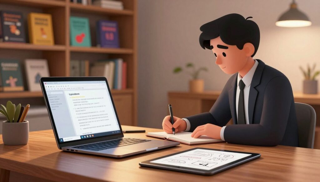 A modern, sleek workspace showcasing advanced technology for ebook creation. In the foreground, a polished wooden desk is adorned with an open laptop displaying an elegant writing interface. A notepad and digital tablet are placed nearby, filled with notes and sketches. In the middle ground, a silhouette of a focused professional in business attire, deeply engaged in writing, is illuminated by soft, warm lighting that creates a cozy but productive atmosphere. The background features a bookshelf filled with colorful ebooks and references about writing and AI, with soft-focus lights creating a calming effect. The overall mood is inspiring and innovative, highlighting a seamless blend of creativity and technology in a contemporary setting.