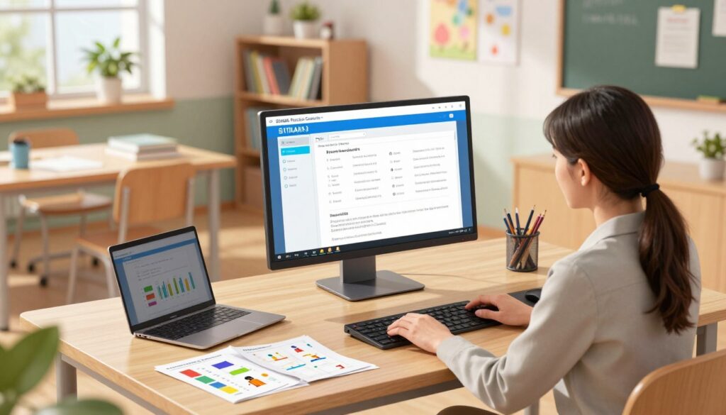 A modern, sleek workstation setup featuring a digital STAAR practice generator on a high-resolution monitor. In the foreground, a focused teacher in professional attire is engaged with the system, analyzing data and creating practice exams. In the middle ground, a clutter-free desk showcases educational materials, a laptop, and colorful charts illustrating student performance. The background displays a bright and airy classroom with shelves filled with books, plants, and educational posters, enhancing the productive atmosphere. Soft, natural lighting filters through large windows, casting gentle shadows across the workspace. The mood is one of efficiency and inspiration, capturing the essence of streamlined educational workflows. The angle of the image is slightly elevated, providing a comprehensive view of the entire scene without any text overlays or distractions.