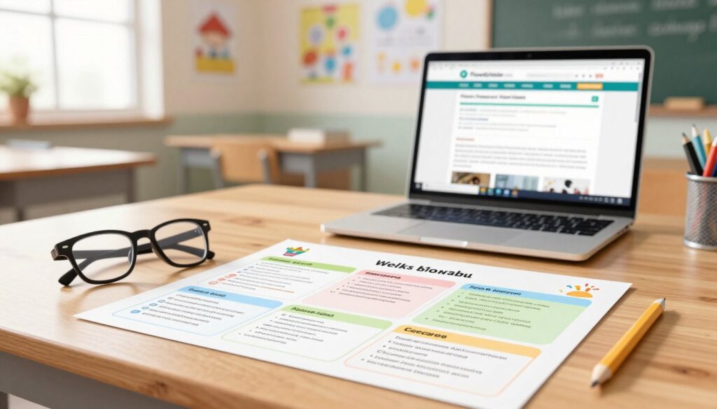 A modern teacher's workspace featuring a well-organized worksheet laid out on a wooden desk. The worksheet is filled with sections tailored to different skill levels, showcasing various exercises in a colorful, engaging format. In the foreground, a pair of reading glasses and a neatly sharpened pencil rest beside the worksheet. The middle ground includes a soft-focus view of an open laptop displaying the FlowScholar.com homepage, emphasizing technology integration in lesson planning. In the background, a bright classroom filled with educational posters and warm sunlight streaming through a window creates an inviting atmosphere. The overall mood is professional yet inspiring, highlighting innovative teaching methods. The image is shot in natural light, with a slight tilt-shift lens effect to enhance depth. A modern teacher's workspace featuring a well-organized worksheet laid out on a wooden desk. The worksheet is filled with sections tailored to different skill levels, showcasing various exercises in a colorful, engaging format. In the foreground, a pair of reading glasses and a neatly sharpened pencil rest beside the worksheet. The middle ground includes a soft-focus view of an open laptop displaying the FlowScholar.com homepage, emphasizing technology integration in lesson planning. In the background, a bright classroom filled with educational posters and warm sunlight streaming through a window creates an inviting atmosphere. The overall mood is professional yet inspiring, highlighting innovative teaching methods. The image is shot in natural light, with a slight tilt-shift lens effect to enhance depth.