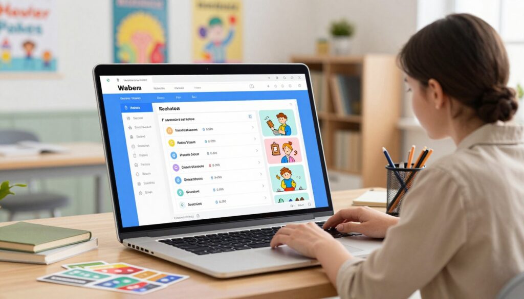 A modern, user-friendly worksheet maker interface displayed on a sleek laptop with a vibrant screen showcasing colorful vocabulary lists and engaging review activities. In the foreground, a teacher in modest casual clothing is seated at a contemporary desk, actively using the software, surrounded by educational materials like flashcards and notebooks. The middle layer features a close-up of the laptop, capturing the innovative design of the software, with icons and functions clearly visible. In the background, a bright, airy classroom environment filled with motivational posters and bookshelves. Soft, natural light illuminates the scene, creating an inviting and productive atmosphere. The overall mood is inspiring and focused, emphasizing the ease of creating high-quality educational resources.