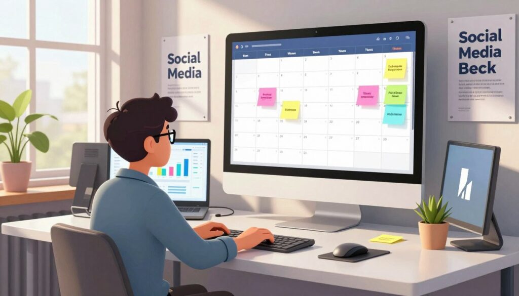 A modern workspace designed for social media optimization. In the foreground, a professional at a sleek desk, wearing business casual attire, focusing intently on a computer screen displaying graphs and analytics for Facebook engagement. In the middle, a large digital wall calendar is visible, marked with colorful sticky notes indicating optimal posting times. Natural light streams in from a window, casting a warm glow over the scene. The background features motivational posters about social media strategy and a potted plant adding a touch of greenery. The atmosphere is productive and inspiring, conveying a sense of focused determination to maximize reach through effective scheduling. The camera angle is slightly above eye level, providing a comprehensive view of the workspace.