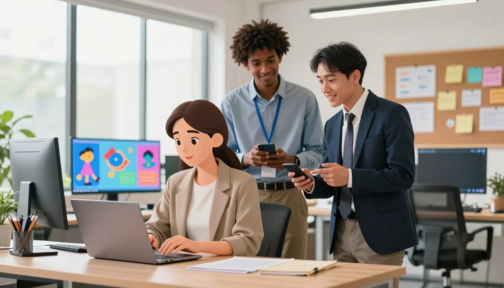 A modern workspace featuring a diverse group of three professionals collaborating on a digital project. In the foreground, a woman in smart casual attire is intently working on a sleek laptop, while a man in a formal suit discusses ideas with a smartphone in hand. The middle ground displays colorful multimedia elements, such as vibrant graphics on a screen and notes pinned to a corkboard, emphasizing creativity. The background reveals a bright, airy office with large windows, allowing natural light to flood in, enhancing a productive atmosphere. Use a shallow depth of field to focus on the individuals, with a warm color palette creating a friendly, engaging mood. Capture the essence of teamwork and innovation, ensuring all figures are depicted professionally.
