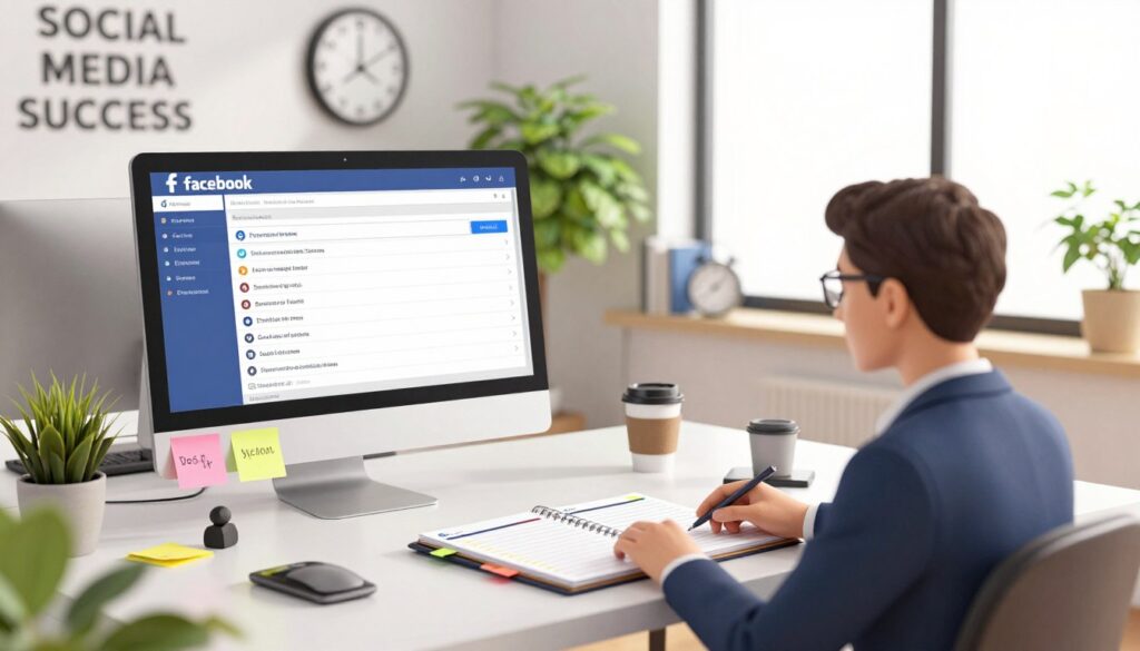 A modern workspace featuring a sleek computer desk with a large monitor displaying a Facebook scheduling dashboard. In the foreground, a professional individual in business attire is focused on scheduling social media content, with an organized planner and colorful sticky notes around them. The middle layer showcases a digital clock and a coffee cup, symbolizing productivity and time management. In the background, a wall with inspirational quotes on social media success and a lush indoor plant to add a touch of nature. The lighting is bright and inviting, coming from a large window, creating a warm, motivating atmosphere. The composition aims to convey a sense of efficiency and forward-thinking strategy in social media management.
