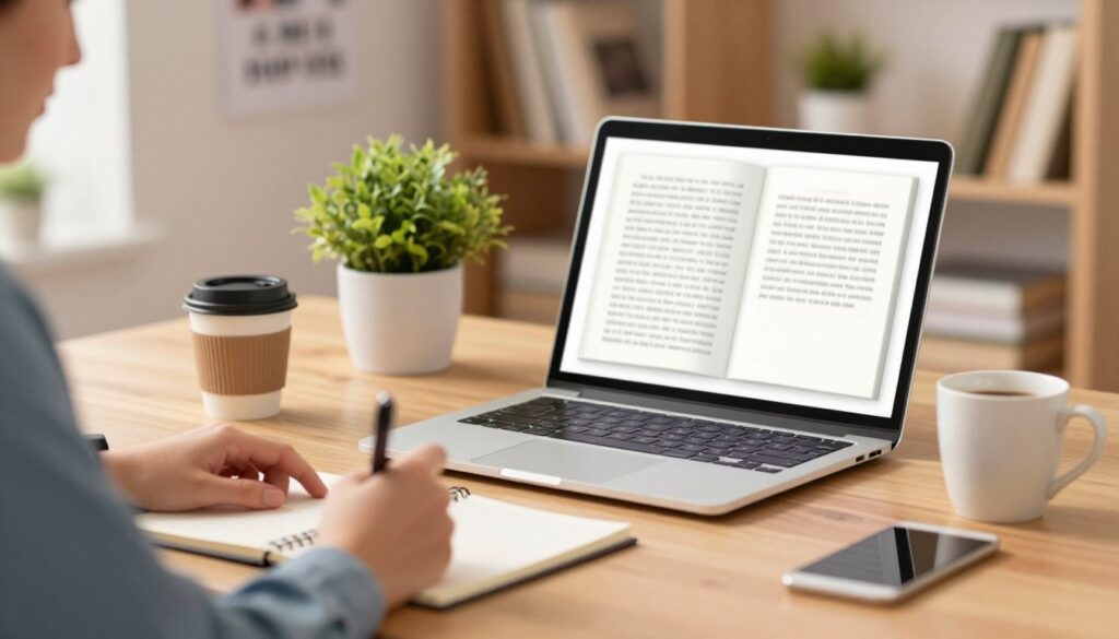 A modern workspace featuring an open laptop displaying an eBook on its screen, set on a sleek wooden desk. In the foreground, a pair of hands with a pen are taking notes on a notepad, conveying productivity and focus. The middle ground includes a green plant and a stylish coffee cup, enhancing the atmosphere of creativity. The background showcases a softly lit shelf filled with books and a motivational poster, establishing an inspiring environment. The lighting is warm and inviting, suggesting a cozy, yet professional vibe. A shallow depth of field emphasizes the laptop and hands while softly blurring the background, creating an engaging focal point.
