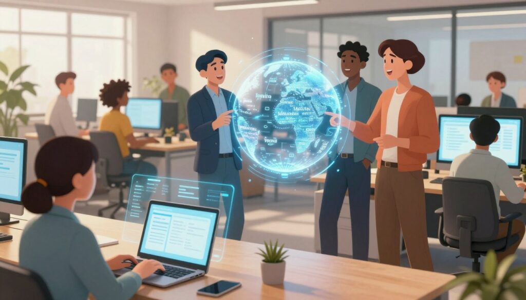 A modern workspace filled with diverse individuals engaged in discussion, surrounded by digital screens showcasing real-time language translation. In the foreground, a woman in professional attire types on a laptop with a glowing translation interface visible. In the middle, a diverse group of people, including a man in a suit, a woman in a smart blouse, and a person in casual but neat clothing, converse enthusiastically while pointing at a large holographic globe displaying various languages. The background features an open office with large windows, allowing natural light to flood in, creating an inviting atmosphere. The scene conveys a sense of collaboration and innovation, illustrating the power of instant translation in connecting global audiences. Use soft, warm lighting to enhance the inviting mood.