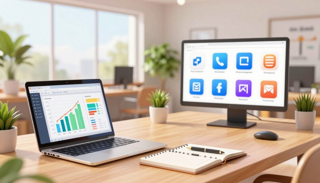 A modern workspace scene depicting a comparison of all-in-one tools versus specialized software. In the foreground, a sleek laptop displaying colorful graphs and a digital dashboard, surrounded by a notepad and a pen, emphasizing organization and creativity. In the middle ground, a table showcasing a variety of software icons, such as project management, writing tools, and design apps, each neatly arranged to highlight their distinct features. In the background, large windows allow soft, natural light to illuminate the room, with potted plants adding a touch of greenery. The atmosphere is professional and inspiring, reflecting a productive environment for planning and drafting eBooks. Use a wide-angle lens for depth and clarity, ensuring a bright and inviting mood.