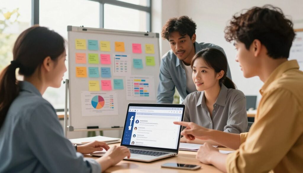 A modern workspace scene featuring a laptop open to a Facebook posting interface, with vibrant graphics displaying social media engagement metrics. In the foreground, a diverse group of three professionals in smart casual attire collaborate over content, pointing at the screen and brainstorming ideas. The middle ground showcases colorful sticky notes and charts on a whiteboard planning future posts. Behind them, a bright office window filters in natural sunlight, creating a warm and inviting atmosphere. The mood is focused, creative, and inspiring, ideal for illustrating collaboration in digital marketing. The lighting is soft, emphasizing the professionals' expressions of enthusiasm and focus, with a slight vignette effect to enhance the depth of the image.