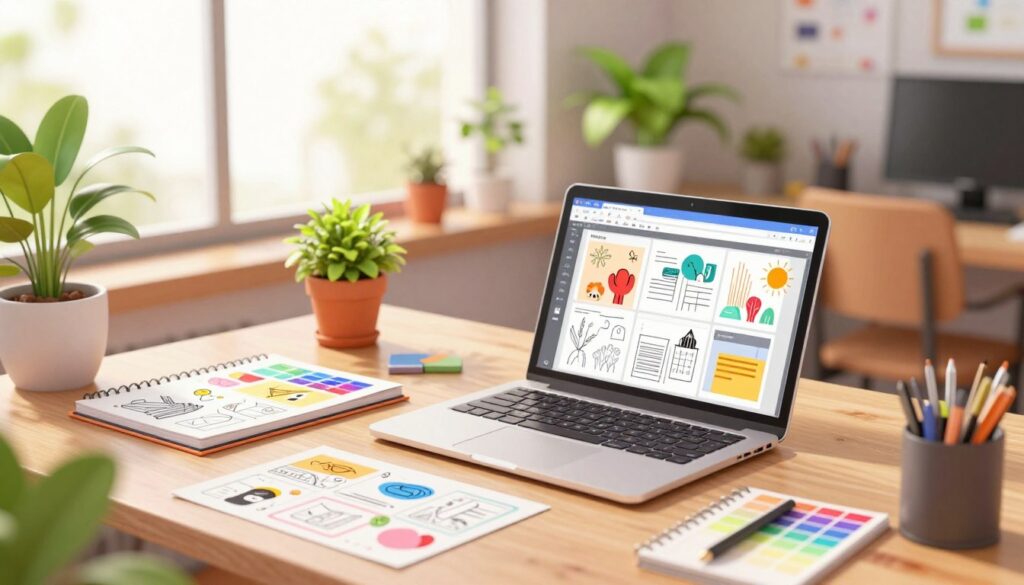 A modern workspace showcasing a vibrant and innovative design layout for storytelling. In the foreground, an artistically arranged desk features an open laptop displaying a visually appealing digital layout, with colorful storyboards and graphics. The middle ground includes potted plants and design tools like sketch pads and color swatches, adding a touch of creativity. The background presents large windows letting in soft, warm natural light, illuminating the space with an inviting glow. The atmosphere feels inspiring and motivating, emphasizing the connection between design and storytelling. Capture this scene from a slightly elevated angle to encapsulate the workspace's essence without any text or distractions. Aim for a polished, professional finish that conveys a sense of artistic collaboration and innovation.