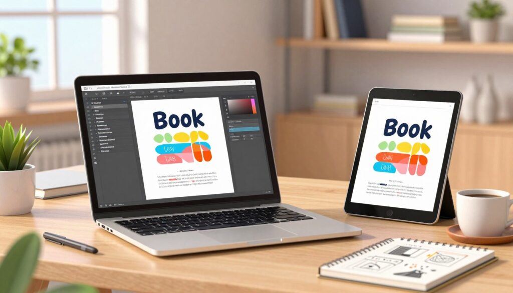 A modern workspace showcasing a well-organized digital formatting layout for a digital book. In the foreground, a sleek laptop open to a visually appealing eBook formatting software interface, featuring clean typography, vibrant colors, and organized sections. Beside the laptop, a stylish tablet displays a mock-up of an eBook cover design. In the middle ground, a desk adorned with neatly arranged graphic design tools, a notepad filled with layout sketches, and a coffee cup exuding a warm, inviting atmosphere. The background features a softly lit office with shelves of books and plants, creating a professional yet comfortable setting. The overall mood is inspiring and focused, enhancing a sense of productivity and creativity. Natural light filters in from a window, casting a gentle glow.