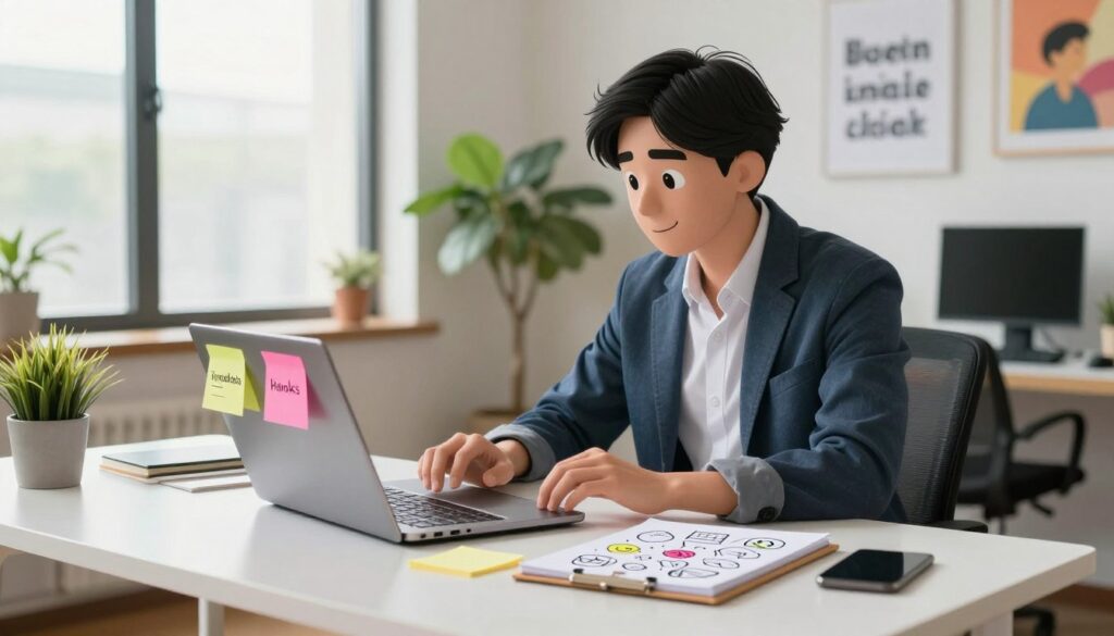 A modern workspace with a sleek desk in the foreground, adorned with a laptop, colorful sticky notes, and a notepad filled with ideas for engaging LinkedIn hooks. In the middle, a creative professional dressed in smart casual attire, deeply focused on brainstorming content strategies, with their hands poised over the keyboard. The background features a large window with soft natural light streaming in, illuminating a cheerful plant and motivational art on the wall. The atmosphere conveys inspiration and productivity, capturing the essence of crafting compelling hooks that catch attention. The scene is framed with a shallow depth of field, highlighting the workspace while gently blurring the background for a professional yet inviting feel.