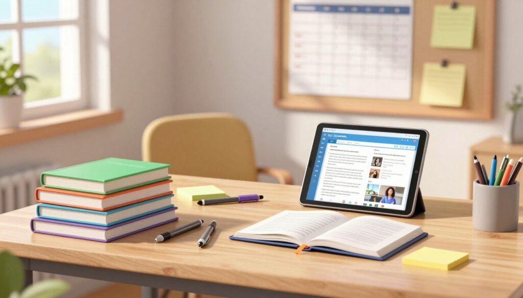 A neatly arranged study desk in a well-lit environment showcasing an array of study materials. In the foreground, a stack of colorful textbooks is open beside a tablet displaying educational content. Scattered pens, highlighters, and sticky notes add a touch of organization. The middle ground features a cozy chair, suggesting comfort during study sessions. In the background, a softly illuminated bulletin board displays study schedules and brainstorming notes. The room is filled with natural light filtering through a nearby window, casting gentle shadows and creating an inviting atmosphere for learning. The overall mood is focused, inspiring productivity and academic success, with a clean and modern aesthetic.