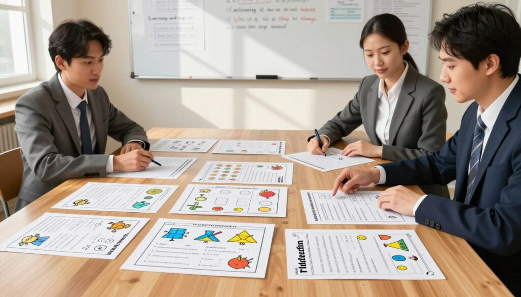 A neatly arranged workspace featuring curriculum-aligned worksheets sprawled across a polished wooden table. The sheets are filled with colorful diagrams, lesson plans, and learning objectives, showcasing various subjects such as mathematics, science, and language arts. In the foreground, a pair of professional tutors, dressed in smart business attire, are discussing the worksheets, pointing at key sections. The background showcases a whiteboard filled with notes and learning materials, softly illuminated by natural light coming through a nearby window, casting gentle shadows. The atmosphere is focused and collaborative, emphasizing the importance of educational alignment and preparation in one-on-one tutoring sessions, with a warm, inviting color palette. A neatly arranged workspace featuring curriculum-aligned worksheets sprawled across a polished wooden table. The sheets are filled with colorful diagrams, lesson plans, and learning objectives, showcasing various subjects such as mathematics, science, and language arts. In the foreground, a pair of professional tutors, dressed in smart business attire, are discussing the worksheets, pointing at key sections. The background showcases a whiteboard filled with notes and learning materials, softly illuminated by natural light coming through a nearby window, casting gentle shadows. The atmosphere is focused and collaborative, emphasizing the importance of educational alignment and preparation in one-on-one tutoring sessions, with a warm, inviting color palette.