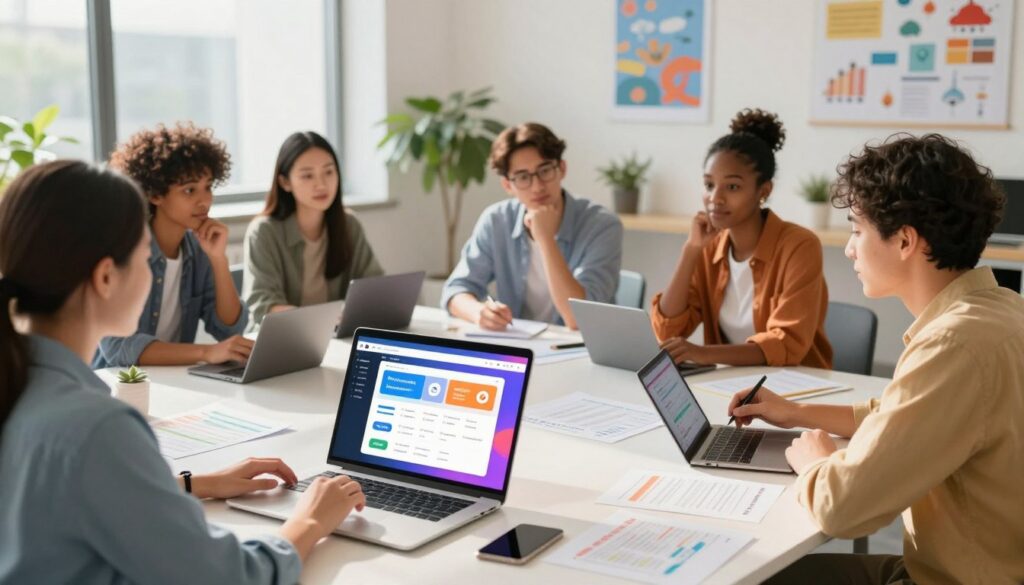 A professional and modern workspace showing a group of diverse parents engaged in evaluating various communication platforms for teacher-parent engagement. In the foreground, a laptop displays a vibrant, interactive interface of a communication platform, while parents of different ethnicities, dressed in smart casual attire, discuss thoughtfully. In the middle ground, a large table is scattered with tablets, printouts, and notes, highlighting various features and options. The background features a brightly lit, open office space with large windows, greenery, and educational posters, creating an inviting atmosphere. Soft, natural light filters in, casting gentle shadows and enhancing the collaborative and supportive mood of the scene. The overall composition conveys professionalism, engagement, and a focus on education.