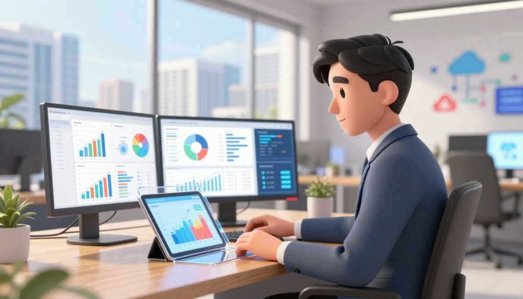 A professional business analyst, dressed in smart casual attire, sits at a sleek wooden desk surrounded by digital screens displaying various data analytics dashboards. In the foreground, a crystal-clear tablet shows an interactive visual graph, highlighting key metrics and insights with vibrant colors. The middle ground features a large window revealing a bright, busy cityscape, symbolizing innovation and technology. Soft natural light streams in, creating a warm yet focused atmosphere. The background subtly includes abstract representations of cloud technology and software features, blending seamlessly into a modern office environment. The overall mood is one of clarity, professionalism, and forward-thinking, perfectly encapsulating the essence of leveraging advanced tools for product analysis.