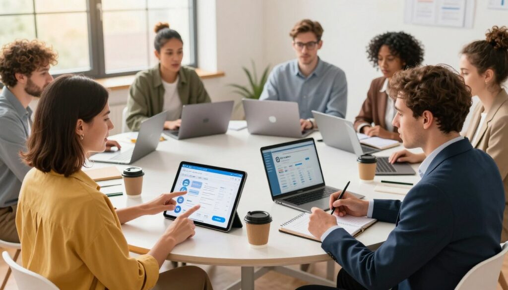 A professional business setting depicting a diverse group of founders brainstorming content ideas for LinkedIn. In the foreground, a confident woman in smart casual attire is pointing at a digital tablet showing social media analytics, while a man in a tailored suit is seated, taking notes. The middle ground features a circular table cluttered with laptops, notebooks, and coffee cups, illustrating a collaborative atmosphere. In the background, a large window lets in soft natural light, casting a warm glow over the scene. The overall mood conveys creativity and teamwork, highlighting the balance of productivity and well-being. Capture the moment from a slightly elevated angle for depth, emphasizing the synergy among the founders as they scale their content efforts without burnout.