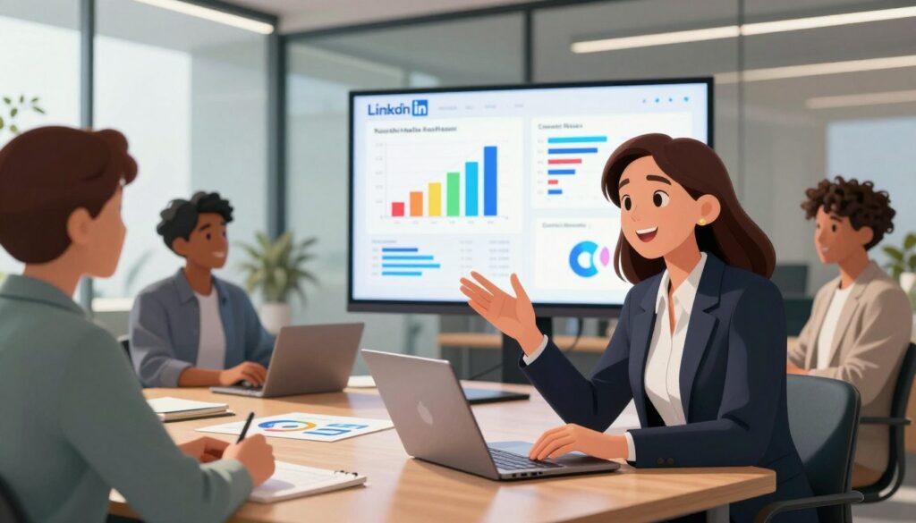 A professional business setting featuring a diverse group of individuals engaged in a collaborative discussion about LinkedIn content creation. In the foreground, a confident woman in smart business attire, seated with a laptop open, gestures animatedly as she shares insights. The middle layer displays a large screen behind her showcasing vibrant graphs and analytics related to social media reach. In the background, a modern office with glass walls and natural light streaming in, creating a productive atmosphere. The lighting is bright and warm, evoking an optimistic mood. The camera angle is slightly elevated to provide a comprehensive view of the setting, capturing the energy of leveraging AI for social media growth.