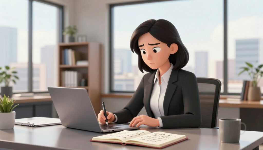 A professional businesswoman sitting at a sleek desk in a modern office, deeply engaged in writing on her laptop. In the foreground, an open notebook with handwritten notes highlighting personal stories and contrarian thoughts. The middle ground features a large window with cityscape views, allowing warm sunlight to filter in, creating a bright and optimistic atmosphere. The background includes a bookshelf filled with business books and inspirational decor. The scene conveys a sense of creativity and determination, encouraging the viewer to think outside the box. The lighting is soft yet bright, emphasizing clarity and focus. The woman is dressed in smart business attire, with a determined expression, showcasing a blend of professionalism and personal touch.