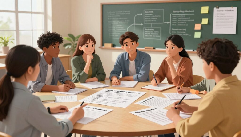 A professional classroom setting with a round table at the center, surrounded by diverse students engaged in discussion over printed question prompts. In the foreground, a student, dressed in business casual attire, is enthusiastically pointing at a question on the table. The middle ground showcases other students, of varying ethnicities, thoughtfully listening and taking notes. The background features a chalkboard filled with brainstorming notes and colorful sticky notes expressing ideas and feedback. Soft, natural lighting filters in from a window, casting a warm, inviting glow over the scene. The atmosphere is collaborative and focused, emphasizing critical thinking and engagement. The angle should capture the dynamics of the group, emphasizing interaction and idea-sharing among students.