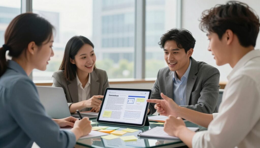 A professional office setting filled with an aura of creativity and collaboration. In the foreground, a diverse group of three business professionals, two men and one woman, are discussing a digital tablet displaying coherent content ideas. They are dressed in smart casual attire and exude enthusiasm while brainstorming. In the middle, an elegant glass table is scattered with sticky notes and a laptop, showcasing the process of crafting consistent messaging with AI-generated text. In the background, large windows illuminate the scene with soft, natural light, revealing a modern cityscape. The overall mood is energetic and focused, highlighting the synergy between technology and teamwork in producing cohesive and effective communication. A shallow depth of field draws attention to the professionals and their collaborative spirit.