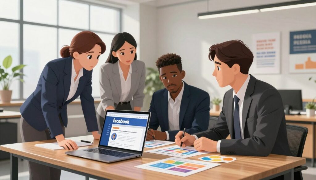 A professional office setting with an elegant wooden desk in the foreground, featuring a laptop displaying the Facebook interface. In the middle, a diverse group of three professionals engaged in discussion, dressed in smart business attire, analyzing printed campaign objectives on colorful charts. The background shows a large window with soft, natural lighting pouring in, illuminating the space. Sleek modern decor with plants and motivational posters set a productive atmosphere. The overall mood is collaborative and focused, emphasizing strategic planning and teamwork. The angle is slightly tilted to capture the energy of the group as they brainstorm ideas, highlighting their expressions of determination and creativity. No text or branding elements in the image, ensuring a clean and professional visual representation.