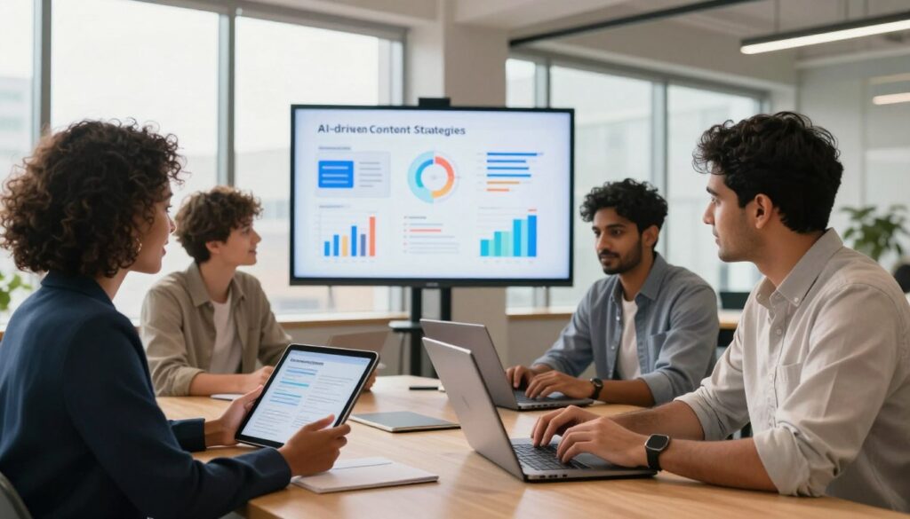 A professional setting featuring a diverse group of founders engaged in a collaborative brainstorming session. In the foreground, a Black woman in a smart blazer is using a tablet, while a South Asian man in a casual yet professional shirt is typing on a laptop. In the middle ground, a large screen displays an infographic highlighting AI-driven content strategies. The background shows a modern office with large windows letting in warm natural light, creating a bright, optimistic atmosphere. The composition should have a slightly elevated angle, emphasizing the interaction among the founders. The mood is one of innovation and teamwork, capturing the essence of leveraging AI for scalable content.