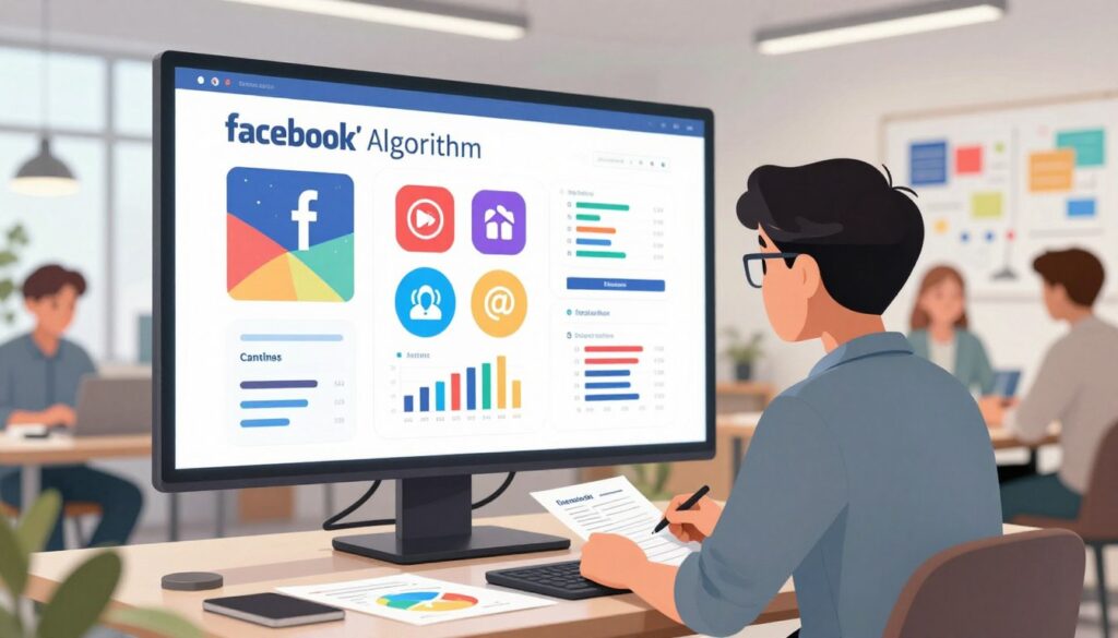 A professional setting showing a person analyzing data on a large digital screen that illustrates Facebook's algorithm. In the foreground, a business professional in smart casual attire is focused on the screen, with notes and a laptop open on a desk covered in colorful charts. In the middle, vibrant graphics display various engagement metrics and keywords tailored for social media. In the background, softly blurred office elements hint at creativity and teamwork, such as whiteboards filled with marketing ideas and team members collaborating. The scene is illuminated by bright yet soft lighting, creating an optimistic and inspiring atmosphere, emphasizing the importance of strategic content repurposing for Facebook. The angle captures both the person and the screen prominently, conveying a sense of purpose and innovation.