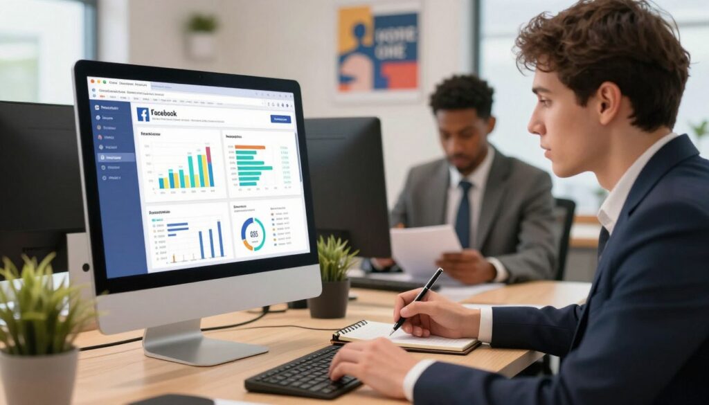 A professional, well-lit office setting where a focused individual, dressed in business attire, is intently monitoring Facebook posts on a sleek, modern computer. The foreground features a close-up of the computer screen displaying vibrant Facebook analytics with charts and graphs illustrating engagement metrics. In the middle ground, the person, a diverse professional, uses a notepad and pen to take notes, emphasizing active engagement and analysis. The background shows a neatly organized workspace with house plants and motivational posters, creating a dynamic yet calm atmosphere. Soft, warm lighting casts a professional glow, highlighting the serious nature of digital marketing performance monitoring, while a shallow depth of field brings attention to the individual’s concentration and the analytics displayed.