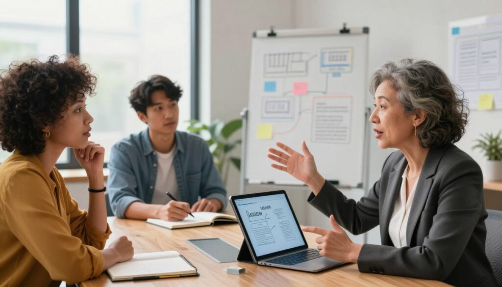 A professional workspace featuring a group of diverse founders, gathered around a modern conference table, engaged in a strategy session. In the foreground, a middle-aged woman in business attire gestures passionately while presenting key messaging points on a sleek digital tablet. The mood is focused and collaborative, with warm lighting highlighting their expressions of determination and insight. In the middle, a young man takes notes on a notepad, while a woman to his left, in smart casual clothing, thoughtfully listens. The background displays a whiteboard filled with brainstorming ideas, surrounded by large windows that let in soft, natural light, creating an atmosphere of innovation and growth.