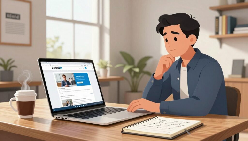 A professional workspace scene capturing the essence of maintaining an authentic brand voice on LinkedIn. In the foreground, a polished wooden desk holds a sleek laptop displaying a LinkedIn page with engaging content. A steaming cup of coffee sits beside a notepad filled with handwritten notes. In the middle ground, a mid-level professional wearing smart casual attire thoughtfully types on the laptop, embodying focus and creativity. Soft, natural light pours in from a large window in the background, illuminating the room and casting gentle shadows. The walls are adorned with motivational artwork and shelves filled with books about branding and communication. The overall mood is inspiring and productive, inviting the viewer to engage in professional content creation.