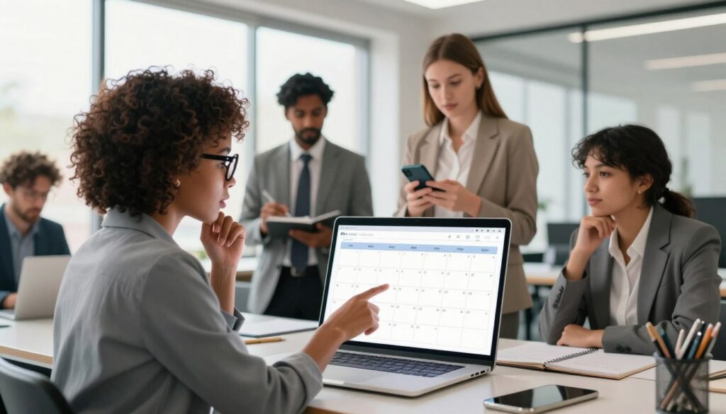 A professional workspace scene showcasing a diverse group of individuals in business attire, actively engaged in a discussion over a large digital calendar displayed on a sleek laptop. The foreground features an African American woman with glasses, pointing at the screen with a thoughtful expression. In the middle ground, a South Asian man is taking notes, while a Caucasian woman adjusts a smartphone, optimizing content for posting. The background features a bright, airy office with large windows allowing natural light to flood the space, enhancing a collaborative atmosphere. The overall mood conveys focused determination and teamwork, emphasizing the importance of strategic scheduling for maximizing reach in social media content.