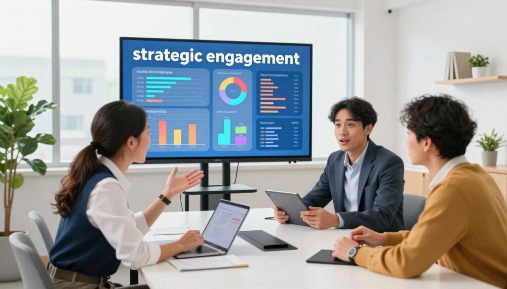 A professional workspace set up for "strategic engagement," featuring a diverse group of three individuals engaged in a lively discussion around a modern conference table. In the foreground, a woman in professional attire leaning forward while gesturing, showcasing enthusiasm; beside her, a man reviewing a tablet. In the middle, a large digital screen displays engagement metrics and social media analytics visually represented in colorful graphs. The background features bright, natural lighting pouring in through large windows, creating an inviting atmosphere with plants and contemporary decor. The overall mood is collaborative and energetic, emphasizing teamwork and innovation in a professional setting, captured with a slightly elevated angle to provide a comprehensive view of the interaction.