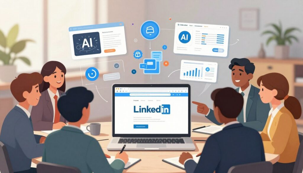 A professional workspace setting featuring a laptop displaying the LinkedIn platform, surrounded by virtual elements like AI-generated post previews and analytics graphs. In the foreground, a diverse group of individuals in business attire is engaged in a discussion, pointing to the screen. The middle layer showcases stylized icons representing AI automation, creativity tools, and content optimization. The background includes soft-focus office elements, like modern furniture and a plant for a fresh atmosphere. Natural lighting streams through a window, creating a warm, inviting glow. The overall mood conveys inspiration and collaboration, emphasizing the innovative use of AI in enhancing LinkedIn content creation.