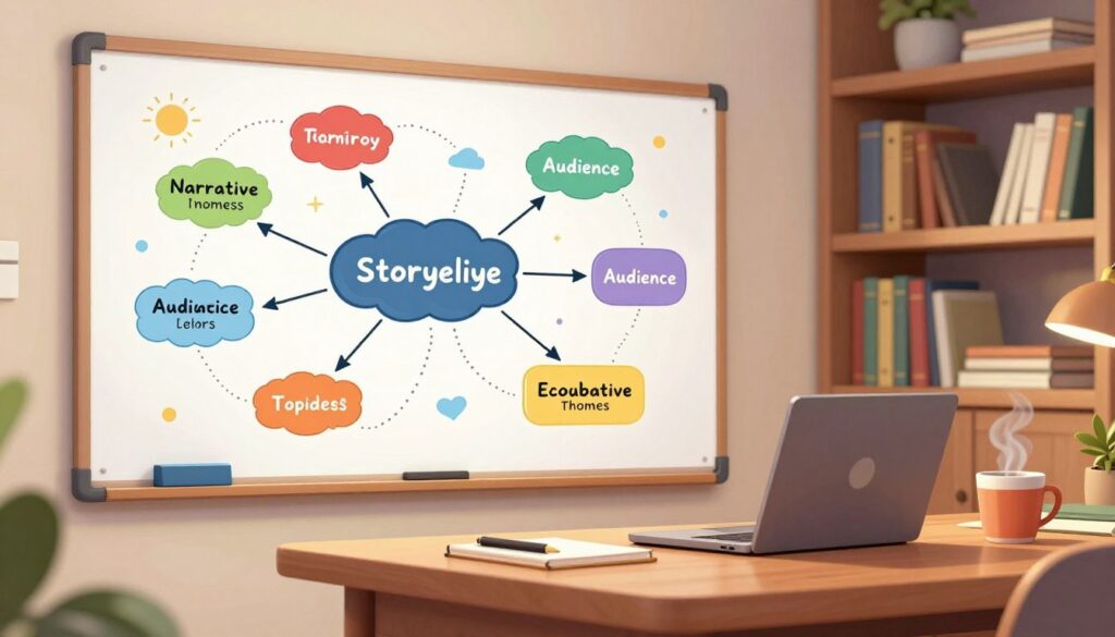 A professional workspace showcasing narrative themes through symbolic representations. In the foreground, a large, elegantly designed whiteboard with visual mind maps, illustrating themes like storytelling, connection, and audience engagement, in rich colors. The middle ground features a polished wooden desk with a laptop, notebooks, and a steaming mug of coffee, hinting at productivity and creativity. In the background, soft-focus bookshelves filled with literature and resources complement the atmosphere of knowledge. Warm, diffused lighting creates an inviting ambiance, while a shallow depth of field emphasizes the essential elements in sharp focus. The overall mood is inspirational and motivational, reflecting a successful and organized approach to building consistent narrative themes in a professional setting.