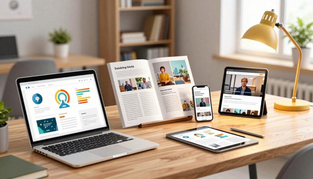 A professional workspace showcasing various content formats on digital devices. In the foreground, a sleek laptop displays a colorful infographic next to a tablet highlighting an article snippet, both illuminated by warm desk lamp light. In the middle, a printed brochure features standout visuals, while a smartphone shows a captivating video thumbnail, all on a polished wooden table. The background reveals a modern office environment with bookshelves and potted plants, bathed in soft natural light from a nearby window. The mood conveys innovation and productivity, with an emphasis on clarity and engagement in content presentation. The scene is vibrant and organized, emphasizing the importance of diverse formats in maximizing visibility in professional communication.