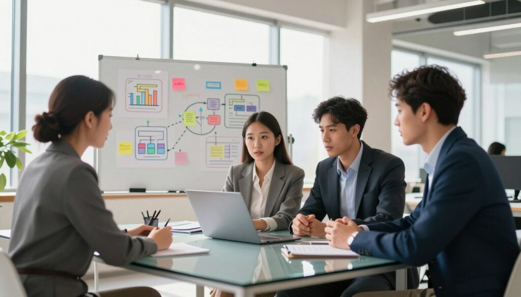 A professional workspace with a sleek, modern aesthetic, featuring a large glass table in the foreground. On the table, a diverse team of three individuals (two men and one woman) dressed in business attire, gathered around a laptop, engaged in a brainstorming session. In the middle ground, a whiteboard filled with colorful diagrams and sticky notes highlights user needs and product features. The background showcases large windows with natural light streaming in, illuminating the space and creating a warm, collaborative atmosphere. The mood is focused and innovative, with a subtle depth of field effect to draw attention to the team's dynamic interaction. The lighting is bright and natural, emphasizing clarity and creativity in the workspace.