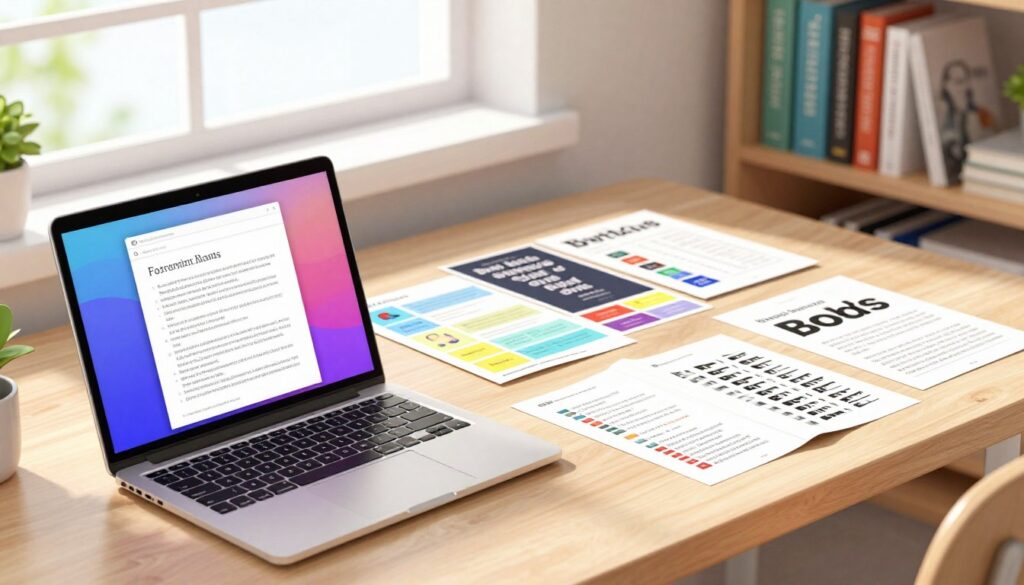 A serene and professional workspace scene showcasing the process of formatting eBooks. In the foreground, a modern laptop with a vibrant screen displays a beautifully formatted eBook document, surrounded by color-coded style guides and design templates. In the middle section, a stylish desk cluttered with high-quality printouts, including samples of cover designs and typography variations. The background features a bright window with natural light streaming in, illuminating the space, and a shelf lined with neatly arranged books on writing and design principles. The mood conveys creativity and professionalism, aimed at inspiring effective formatting and design practices for eBooks. Soft shadows enhance the warmth of the workspace, and the angle captures the essence of an organized and inviting environment.