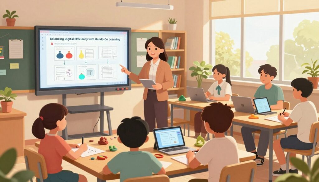 A serene classroom environment illustrating the theme of "Balancing Digital Efficiency with Hands-On Learning." In the foreground, a teacher in professional attire interacts with students who are engaged in a hands-on project, using various materials like clay and paper. In the middle, a large digital screen displays educational software showcasing project ideas, while students take notes on tablets and laptops. The background features bookshelves filled with educational resources, plants for a touch of nature, and large windows letting in warm, natural light. The mood is collaborative and inspiring, highlighting the blend of digital tools and traditional learning methods. The angle is slightly elevated to capture the entire scene, evoking a sense of productivity and enthusiasm for learning.