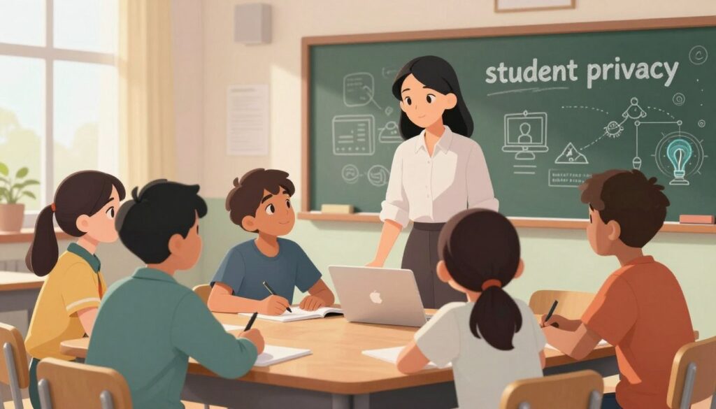 A serene classroom setting focused on the theme of "student privacy." In the foreground, a diverse group of students—two males and two females of varying ethnicities—are engaged in a collaborative discussion, their faces showing curiosity and concentration, dressed in smart casual attire. In the middle ground, a teacher overseeing their work stands with an attentive expression, encouraging ethical practices. The background features a chalkboard displaying abstract concepts related to student privacy and artificial intelligence, with soft light filtering through large windows, creating an inviting atmosphere. The mood is focused yet relaxed, emphasizing the importance of trust and ethics in education while avoiding distractions. The scene captures a harmonious balance between technology and personal interaction, highlighting the critical role of privacy in modern classrooms.