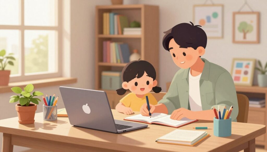 A serene, harmonious home workspace illustrating "sustainable daily flow." In the foreground, a cozy, well-organized desk with an open laptop, colorful stationery, and a potted plant. A soft, natural light streams in from a window, creating a warm and inviting atmosphere. In the middle ground, a family is engaging in learning activities together; a parent in modest casual clothing is helping a child with a workbook, fostering interaction and connection. In the background, shelves filled with books and educational materials reflect a nurturing environment. The overall mood is peaceful and supportive, emphasizing balance between learning and relaxation, with gentle colors and soft shadows enhancing the calming effect.