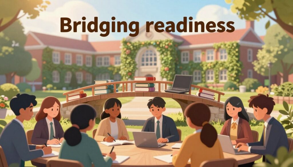 A serene, inspiring scene depicting the concept of "bridging readiness." In the foreground, a diverse group of high school students, dressed in professional business attire, engaged in study or discussion, looking focused and collaborative. In the middle ground, a symbolic bridge represents the transition from high school to higher education, constructed from books and laptops instead of traditional materials. The background features an ivy-covered university campus, with sunlight breaking through the clouds, imparting a hopeful and positive atmosphere. Use soft, warm lighting to evoke a feeling of encouragement and readiness. A slight depth of field effect can focus on the students while gently blurring the bridge and campus in the background, enhancing the theme of progression. A serene, inspiring scene depicting the concept of "bridging readiness." In the foreground, a diverse group of high school students, dressed in professional business attire, engaged in study or discussion, looking focused and collaborative. In the middle ground, a symbolic bridge represents the transition from high school to higher education, constructed from books and laptops instead of traditional materials. The background features an ivy-covered university campus, with sunlight breaking through the clouds, imparting a hopeful and positive atmosphere. Use soft, warm lighting to evoke a feeling of encouragement and readiness. A slight depth of field effect can focus on the students while gently blurring the bridge and campus in the background, enhancing the theme of progression.