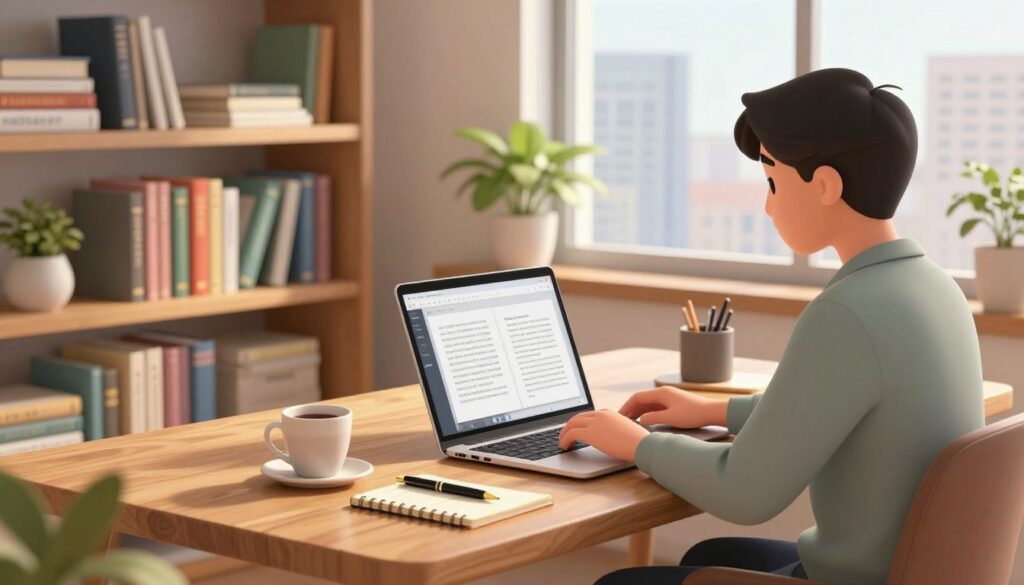 A serene, modern workspace with a sleek wooden desk in the foreground, featuring a laptop displaying a digital ebook writing interface. A cup of coffee, a notepad, and a fountain pen are arranged neatly beside the laptop. In the middle ground, light spills through a large window, illuminating a cozy bookshelf filled with colorful books and motivational quotes. A potted plant adds a touch of greenery. In the background, a high-rise city view suggests productivity. The scene is bathed in warm, soft lighting to evoke a welcoming and inspiring atmosphere. A professional individual in business casual attire types on the laptop, immersed in the writing process, conveying the feeling of focused creativity and streamlined workflow.