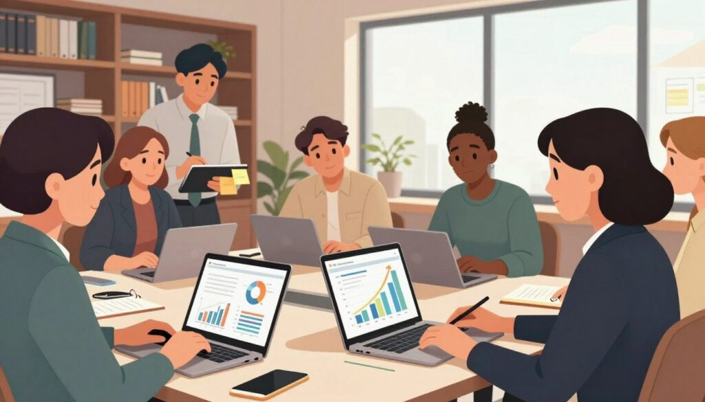 A serene office environment featuring a diverse group of professionals engaged in a thoughtful discussion over a table filled with laptops, notebooks, and digital devices. In the foreground, a middle-aged woman in smart business attire passionately presents visual content on a laptop screen, showcasing graphs and charts that signify growth and authority. In the middle, a diverse group of colleagues, including a young man and a woman brainstorming with sticky notes and tablets, appear focused and collaborative. The background reveals bookshelves filled with marketing literature and a large window letting in soft, natural light, creating a warm and inviting atmosphere. The scene conveys a sense of teamwork, creativity, and strategic content planning, emphasizing the importance of building topical authority through intentional content.