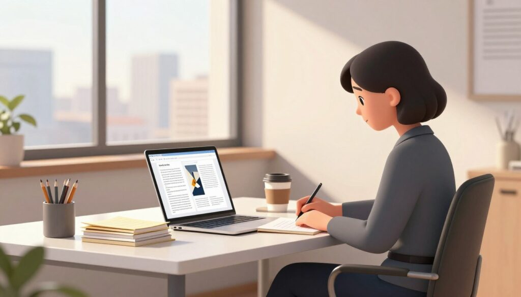 A serene office environment with a modern, minimalist desk at the foreground, featuring an open laptop displaying snippets of text transforming into visually engaging eBook layouts. A professional woman, dressed in smart business attire, sits beside the desk, intently focused on her writing. In the middle, stacks of neatly organized notes and a stylish coffee cup, symbolizing creativity and productivity. The background showcases a large window letting in warm, natural light, casting soft shadows, with a city skyline visible outside. The atmosphere is calm and inspiring, reflecting a sense of professional diligence and creativity, emphasizing the importance of maintaining brand voice in content creation.