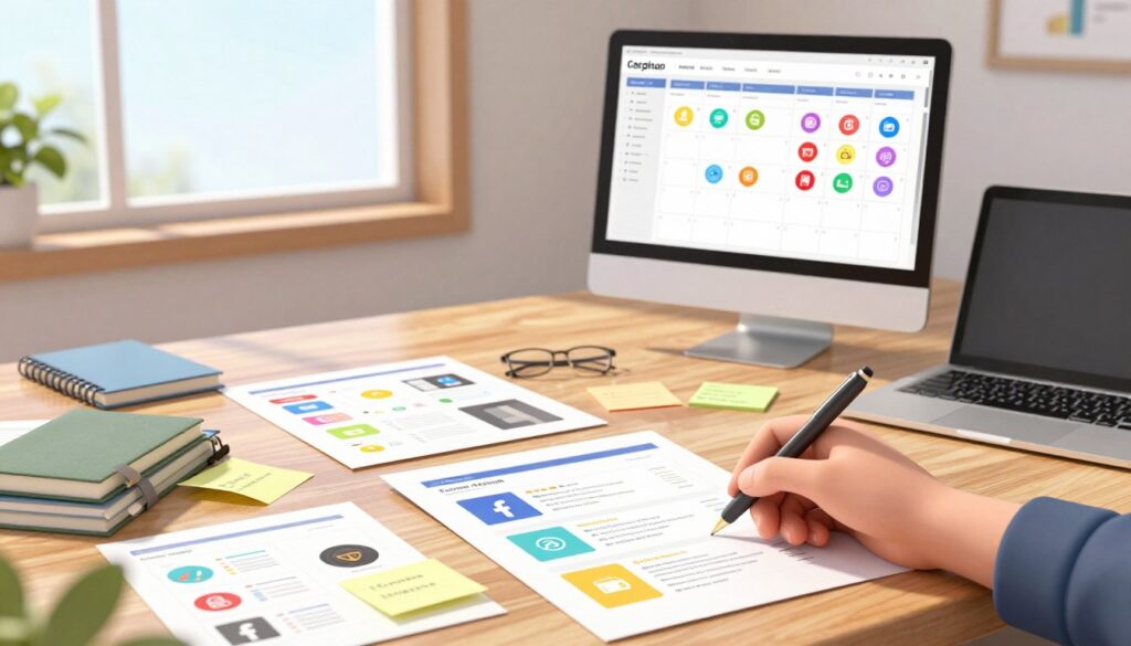 A serene, organized office workspace filled with various content templates spread out on a sleek wooden desk. In the foreground, a close-up of a hand holding a pen, poised over a colorful, neatly designed content template featuring engaging layouts for Facebook posts, surrounded by notebooks, sticky notes, and a laptop. The middle section shows a modern computer screen displaying a digital content calendar, with bright colors and icons representing social media platforms. In the background, large windows allow soft, natural light to flood the room, casting gentle shadows which enhance the calm and productive atmosphere. The overall mood is focused and inspiring, encouraging creativity and efficiency in content creation.