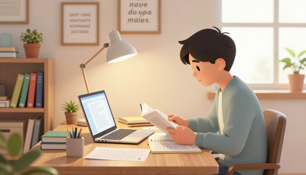 A serene study environment focusing on enhancing concentration. In the foreground, a student wearing casual professional attire sits at a tidy wooden desk, deeply engrossed in reading a textbook. The student is surrounded by neatly organized study materials, with a laptop open displaying notes. In the middle, a soft glow from a desk lamp illuminates the workspace, casting warm light on a few motivational quotes framed on the wall. In the background, a cozy bookshelf filled with colorful books and a small potted plant adds a touch of nature. The scene is bathed in natural light from a nearby window, creating a peaceful and focused atmosphere. The overall mood reflects tranquility and dedication, emphasizing an ideal study session.